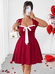 Elenzga Plus Size Elegant Short Knitted Dress In Burgundy With Sweetheart Neckline And Short Sleeves - Burgundy - View 8
