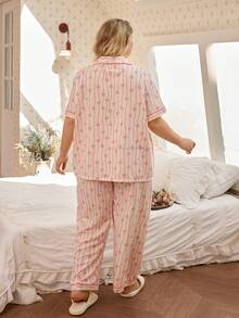 CottageSlumber 泡泡褶皱印花翻领开衫短袖睡衣套装，加大码 - 粉色 - 查看 2