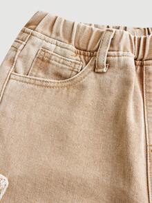 Girlism Calça jeans feminina de corte reto e folgado com estampa de estrelas desfiadas, rosa. - Caqui - Ver 3