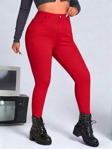 SHEIN ICON Plus Size Solid Color Versatile Slant Pocket Skinny Jeans - Red - View 3