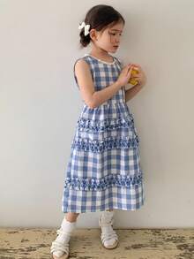 DAZY Young Girl Plaid Round Neck Layered Frill Trim Casual Sleeveless Dress - Blue - View 7