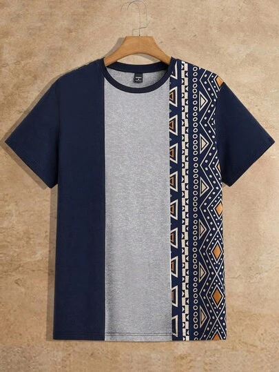 HIMLAND New Men's Knitted Casual Color Block Round Neck Short Sleeve T-Shirt Men Summer Tshirts Men Clothes Tee Men S Paisley T Shirt Double Side Men Cotton Tshirts Men's Pattern Tshirt