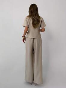 Aloruh 杏色短袖西装外套 + 直筒裤 优雅通勤两件套 - 杏色 - 查看 4