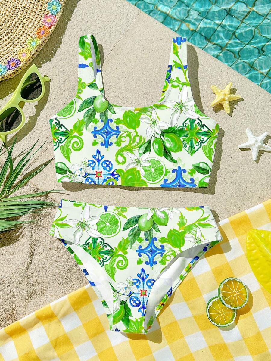 SHEIN 少女休闲简约水果印花吊带泳衣套装，适合夏季穿着 - 彩色 - 查看 1