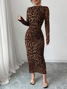 SHEIN Tall Women's Brown Leopard Print Elastic Mesh Ruched Bodycon Dress, Fashionable And Elegant For Spring/Summer - Brown - View 6