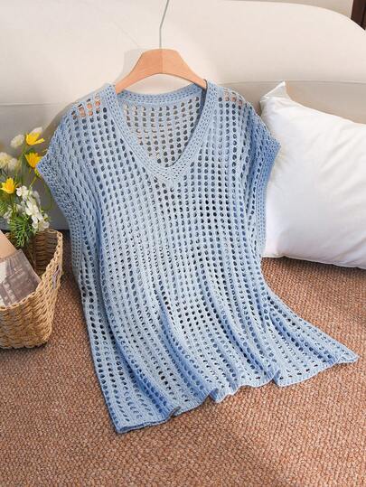 CosyJoli Blusa sin mangas de punto de mezclilla lavada con diseño minimalista elegante y casual para mujer de talla grande