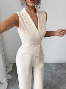 Elenzga New Women's Notched Collar Sleeveless Cinched Waist Double-Breasted Jumpsuit, Versatile For Daily Wear And Commute, Young And Elegant, Slimming, Straight Leg - Apricot - View 5