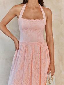 Enchnt Spring/Summer Romantic Women's Pink Sexy Halter Princess Lace Maxi Dress,Sweet&Elegant For Vacation&Date&Holiday&Going Out&Valentine's Day,Spring Outfit Women ,Summer Dress - Pink - View 2