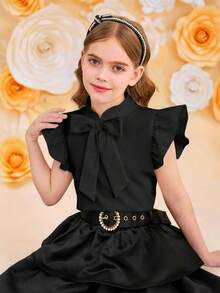 SHEIN Áo kiểu nữ tuổi teen, màu trơn, chất liệu dệt kim, viền bèo nhún, trang trí nơ lớn, kiểu dáng thanh lịch, phong cách nghỉ mát Pháp, thích hợp cho mùa tựu trường. - màu đen - Xem 7