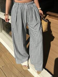 Dazy Plus 大码女式抽绳腰条纹阔腿宽松休闲裤 - 淺灰色 - 查看 8