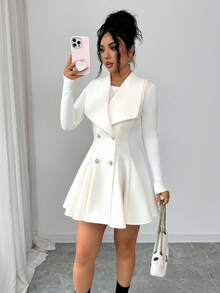 SHEIN Elenzya Women's Lapel Double-Breasted Cinched Waist A-Line Elegant Sleeveless Overcoat, Suitable For Daily Commute - Apricot - View 5