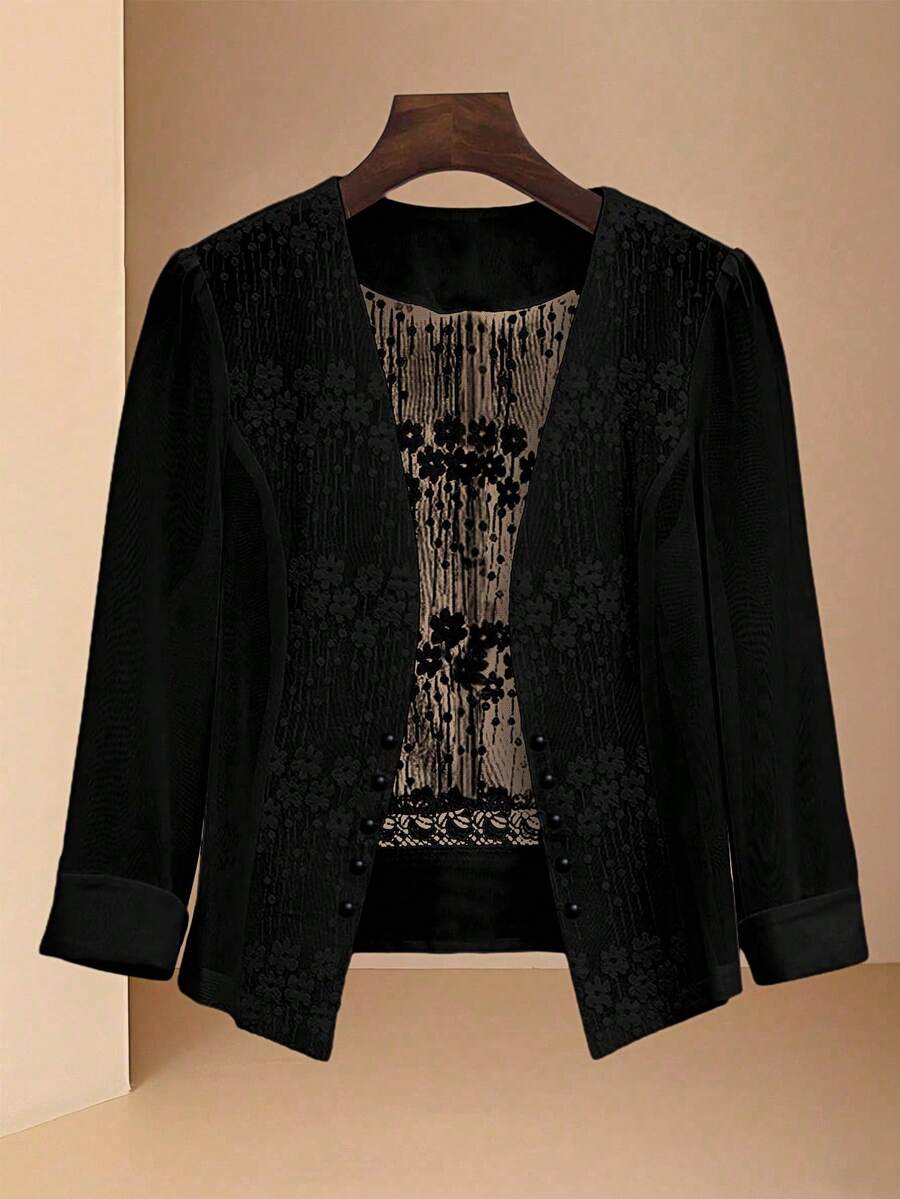 SHEIN Clasi 25件夏季新款蕾丝拼接女式薄款夹克 - 黑色 - 查看 1