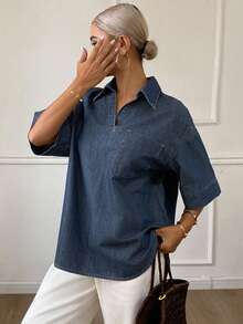 Livesso Women's Casual Loose Denim Blouse, New Arrival For Autumn - Blue - View 4