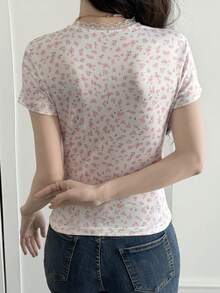 DAZY 女士休闲碎花T恤，粉色，春夏款 - 白色 - 查看 2