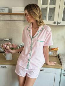 SHEIN Conjunto de Pijama Feminino Casual Solto em Listras Verde e Rosa - Rosa Bebê - Visão 5