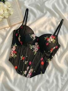 SHEIN MOD 女士复古时尚刺绣吊带背心，适合春假、夏季假期、情人节、生日等场合，优雅复古，外出上衣，黑色花卉图案，夏季性感，束身胸衣，抹胸。 - 黑色 - 查看 1