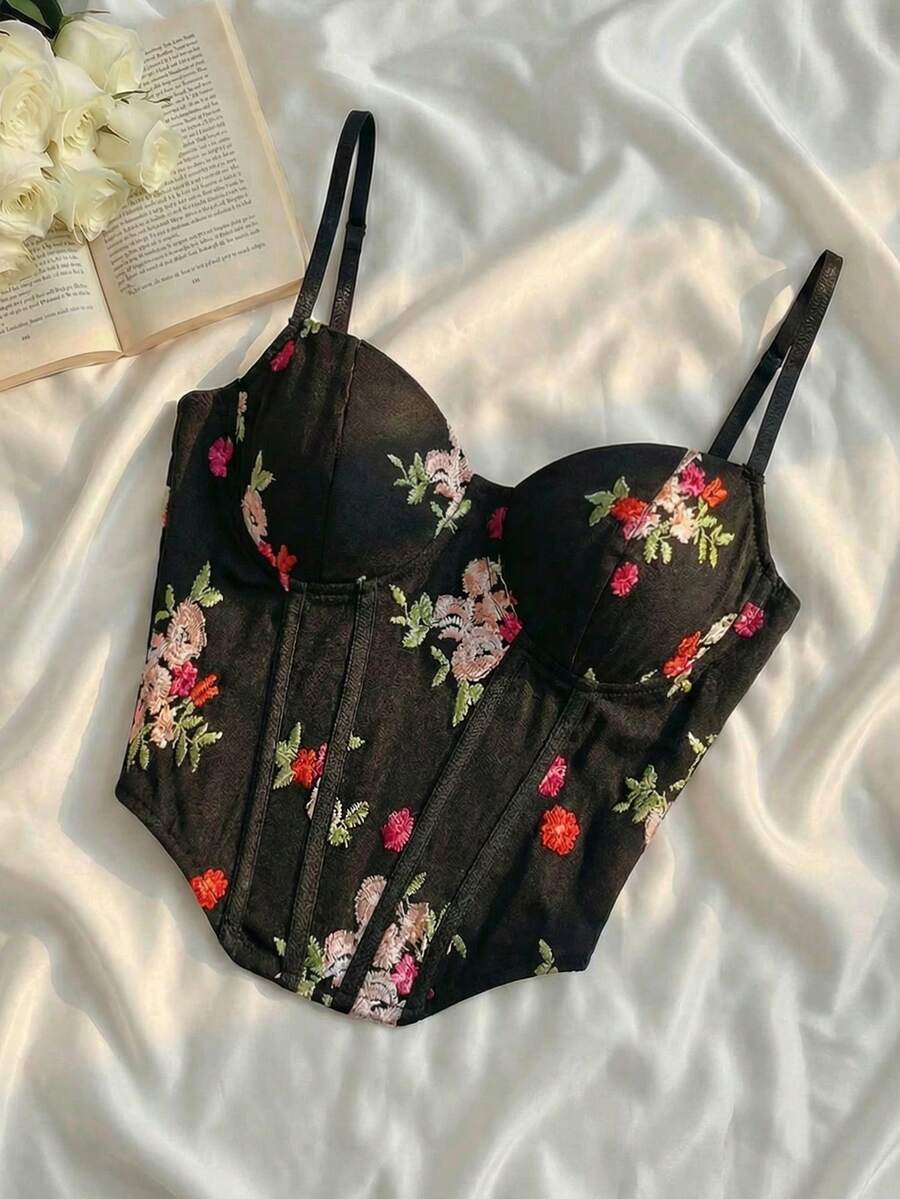 SHEIN MOD 女士复古时尚刺绣吊带背心，适合春假、夏季假期、情人节、生日等场合，优雅复古，外出上衣，黑色花卉图案，夏季性感，束身胸衣，抹胸。 - 黑色 - 查看 1
