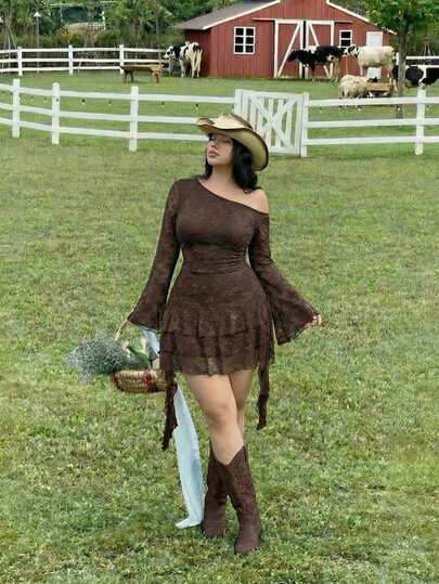 SHEIN MOD Vestido asimétrico con volantes para mujer talla grande en color marrón oscuro, vestido marrón oscuro, vestido marrón café, vestido corto marrón, vestido, vestido de otoño/invierno, vestido de Navidad, vestido de Año Nuevo, vestido de Acción de Gracias, vestido de fiesta, disfraces de Navidad, vestidos de fiesta para mujer, vestido de fiesta de Navidad