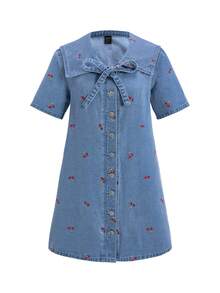 SHEIN MOD 女士夏季休闲度假情人节约会樱桃刺绣结水手领短袖牛仔连衣裙 - 藍色 - 查看 3