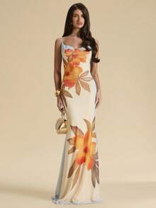 SHEIN BAE 黄色碎花垂领连衣裙，优雅女士长裙，适合海滩度假和夏季穿着。 - 杏色 - 查看 1