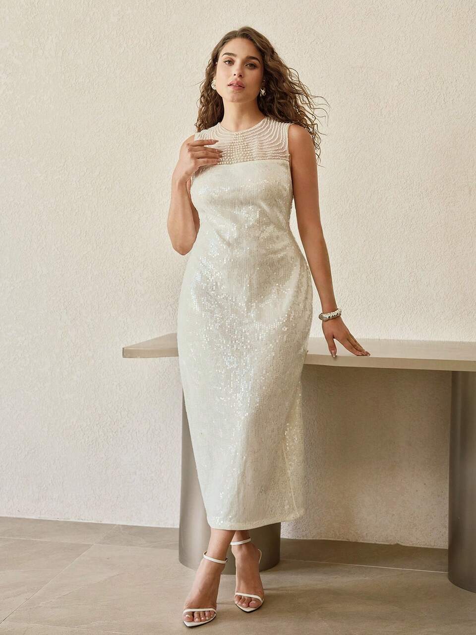 MOTF PLUS SIZE ELEGANT SLEEVELESS LONG-LENGTH SEQUIN PARTY DRESS – FAUX PEARL-EMBELLISHED GEOMETRIC ROUND NECK