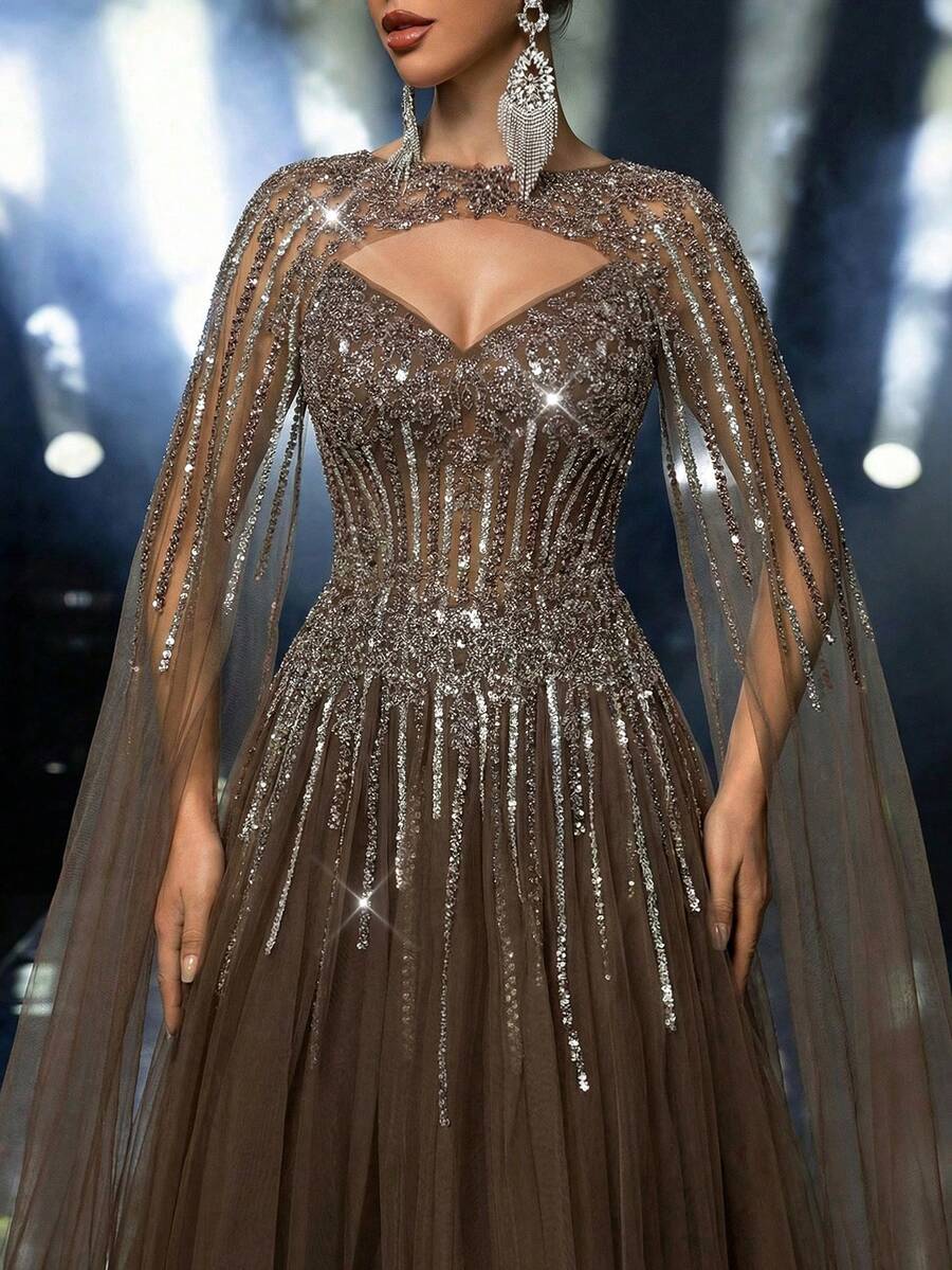 Glamrae Robe maxi élégante et luxueuse avec manches bouffantes détachables, ornée de perles et de sequins floraux. Couleur vert herbe. Convient pour les mariages, les fêtes, les vacances, les galas et les événements formels (très ornée) - Marron - Voir 1