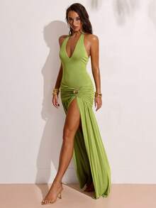 SHEIN BAE Đầm xanh trơn xẻ tà cao, đầm dài đi biển cổ yếm thanh lịch, đầm dệt kim modal, đầm sang trọng, trang phục dự tiệc cưới, đầm dự tiệc trưa. - màu xanh lá - Xem 6