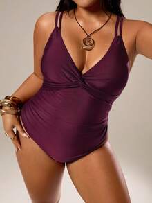 Auralis 大码女士性感露背褶皱纯色扭结前襟吊带连体泳衣，适合海滩度假 - 中紫紅色 - 查看 3