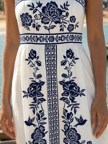 CAJUNI 女士V领印花休闲度假约会吊带长裙 - 藍白色 - 查看 5