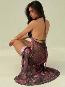 Aloruh Midi-Kleid mit Blumendruck und Spitzenkante, Rüschen-Chiffon-Kleid mit hohem Schlitz für Urlaubspartys für Frauen - Verschiedenfarbig - Übersicht 2