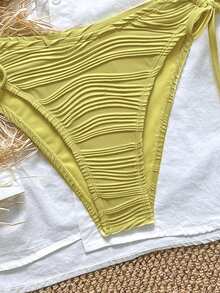 Swim Mod Swim Chiccia Textured Fabric Metal Buckle Halter Tie Side Bikini Set, Summer Beach Vacation - Mustard Yellow - View 4