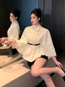 DAZY 宽松商务休闲披肩领大衣，金属扣装饰，适合办公室、婚礼、派对、秋冬季节穿着，加厚女式外套 - 米色 - 查看 2