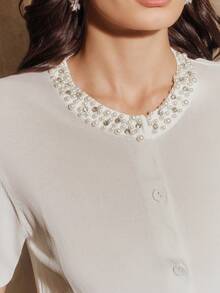 Anewsta Women's Spring/Summer New White Beaded Round Neck Short Sleeve Knit Cardigan - White - View 1