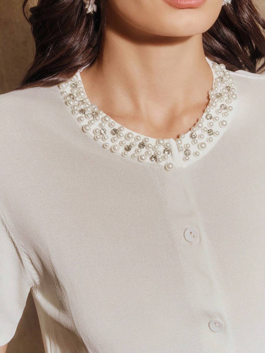 Anewsta Women's Spring/Summer New White Beaded Round Neck Short Sleeve Knit Cardigan - White - View 1