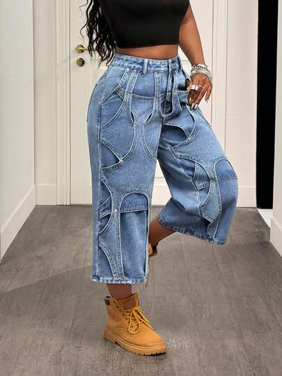 Slaydiva Jeans larges 3/4 à jambes évasées et ajourés, mode décontractée pour femmes