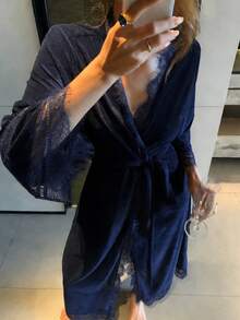 DAZY Women's Loose Long Velvet & Lace Patchwork Robe, Autumn/Winter - Navy Blue - View 1