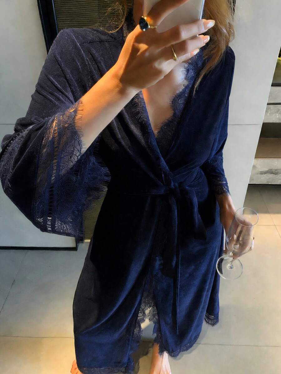 DAZY Women's Loose Long Velvet & Lace Patchwork Robe, Autumn/Winter - Navy Blue - View 1
