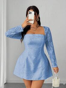 Elenzga Plus Size Solid Color Square Neck Lace Patchwork Elegant Long Sleeve Dress - Blue - View 6
