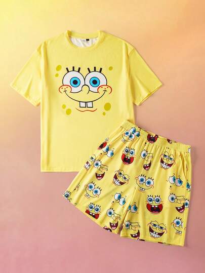 SpongeBob SquarePants | SHEIN Men's Funny Cartoon Graphic Short Sleeve Top And Shorts Loungewear Set, Summer