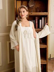 PalaceNights Bộ 2 món: Áo choàng dài tay viền ren + Áo choàng không tay viền ren cỡ lớn, thích hợp cho mùa xuân/hè. - Màu be - Xem 6