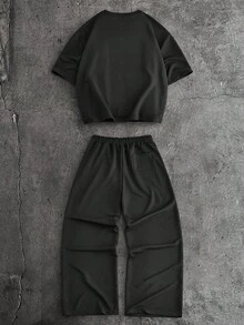 AXEPEAK Conjunto de camiseta y pantalones casuales para hombre con estampado de letras, para verano - Gris - Ver 2