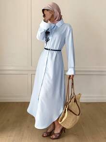 Mulvari Đầm nữ kiểu Ả Rập thêu hoa, cài cúc phía trước, phong cách thường ngày, thích hợp cho mùa thu. - Màu xanh nhạt - Xem 5