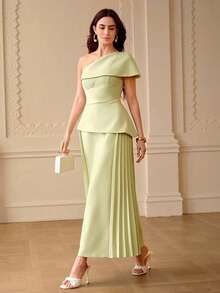 ZEYLAH Asymmetric Neck Waist Gathered Midi Dress, Spring/Summer - Mint Green - View 7