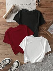 SHEIN EZwear 3件套休闲简约图案圆领短袖修身露脐女式T恤，带英文印花 - 彩色 - 查看 2