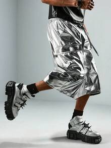 ROMWE MEN Street Life Men's Fashionable Shiny Silver 7-Inch Cargo Shorts, Summer - Silver - View 4