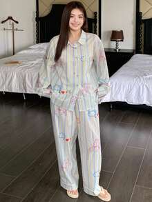 Dazy Plus Plus Size Women Cartoon Floral & Striped Loose Fit 2 Pieces Pajama Set, Comfortable Home Wear For Spring & Autumn - Multicolor - View 6