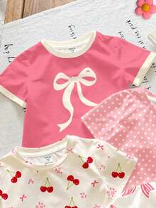SHEIN LMoss Kids Bộ 4 áo thun ngắn tay cổ tròn màu hồng nhạt dễ thương cho bé gái, họa tiết nơ anh đào và hoa, kiểu dáng tối giản, mềm mại và thoải mái, thích hợp mặc hàng ngày vào mùa xuân/hè. - Nhiều màu - Xem 3