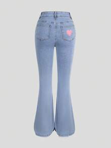 SHEIN ChillGRL Teen Girls Y2K Style Denim Jeans, Valentine's Day Heart Element, New Arrival, Casual Fashionable Versatile, Suitable For Various Styles, Cute Rabbit Girl Print, Retro Medium Blue Wash, New Simple Versatile Blue Washed Flare Jeans - Light Wash - View 2
