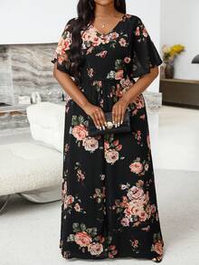 EMERY ROSE Bộ jumpsuit ống rộng tay bồng in hoa thanh lịch dành cho nữ cỡ lớn, kiểu dáng nghỉ dưỡng. - Nhiều màu - Xem 5