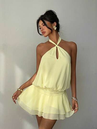 Aloruh Women's Solid Yellow Halter Neck Tie Ruffle Hem Casual Vacation Dress, Spring/Summer